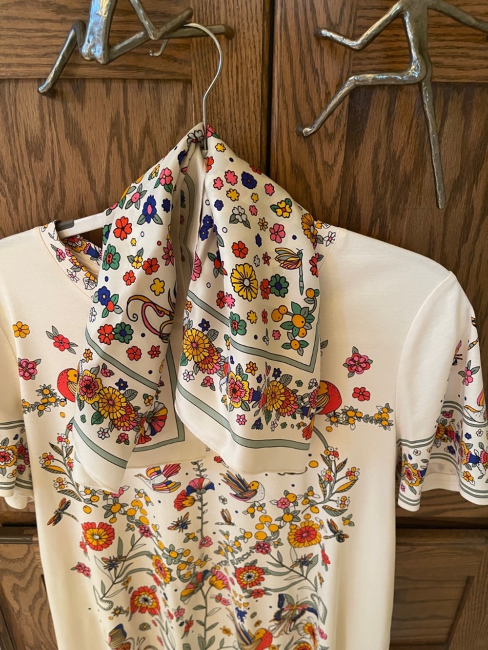TORY BURCH Cream Short Sleeve T-Shirt Dress with Colorful Floral & Bird Print